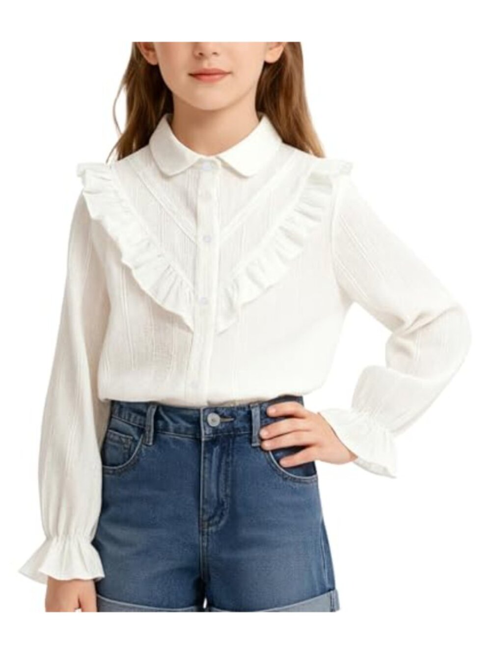 Girls Cotton Puff Sleeve Button Down Blouse with Frill Detail